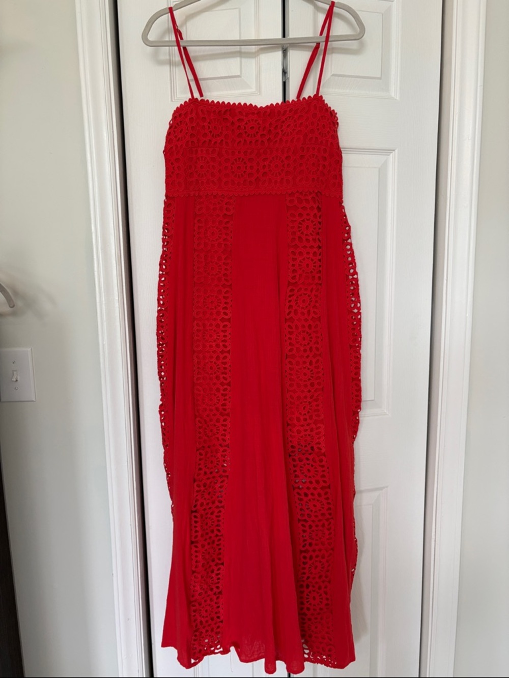 Promesa Red Maxi Crochet Panel Spaghetti Strap Dress